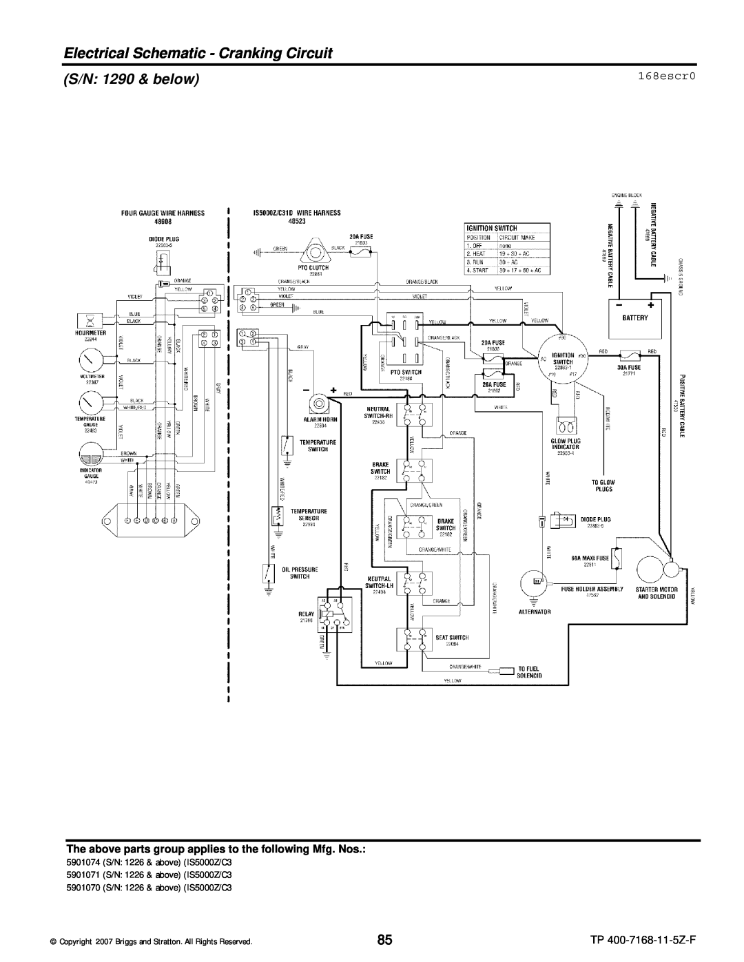 Briggs & Stratton 5900203 manual Electrical Schematic - Cranking Circuit, 168escr0, S/N 1290 & below, TP 400-7168-11-5Z-F 