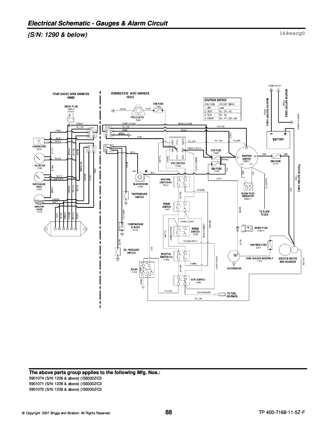 Briggs & Stratton 5901070 Electrical Schematic - Gauges & Alarm Circuit, 168escg0, S/N 1290 & below, TP 400-7168-11-5Z-F 