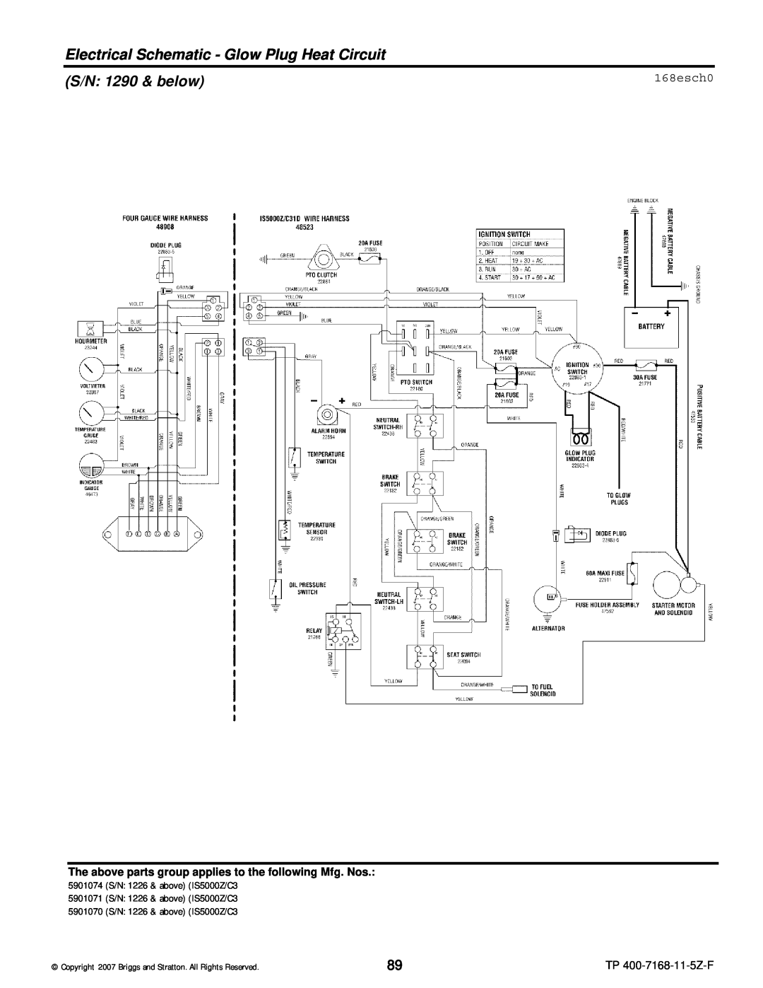Briggs & Stratton 5901074 Electrical Schematic - Glow Plug Heat Circuit, 168esch0, S/N 1290 & below, TP 400-7168-11-5Z-F 