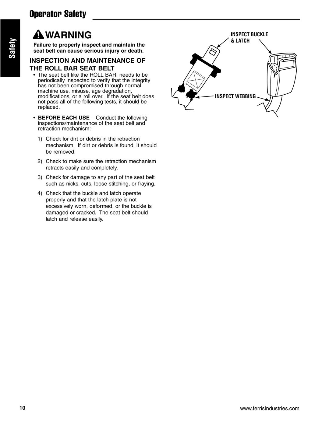 Briggs & Stratton 5900629, 5901170, 5900625, 5900624, 5900670 manual Inspection and Maintenance of the Roll BAR Seat Belt 