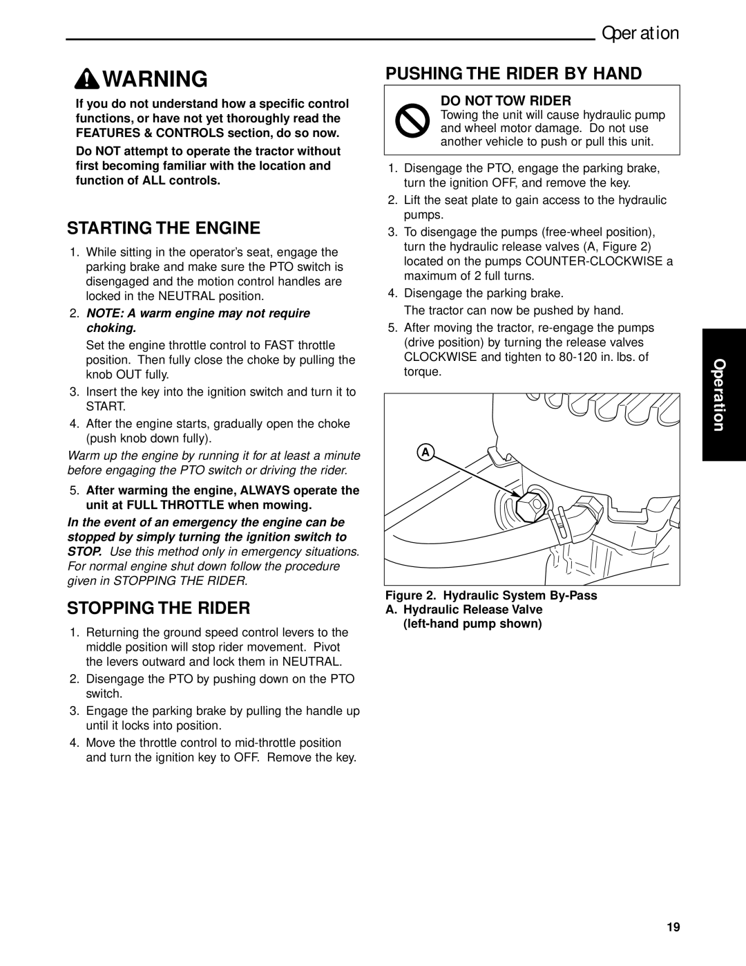 Briggs & Stratton 5900625, 5901170, 5900629, 5900624 manual Starting the Engine, Stopping the Rider, Pushing the Rider by Hand 