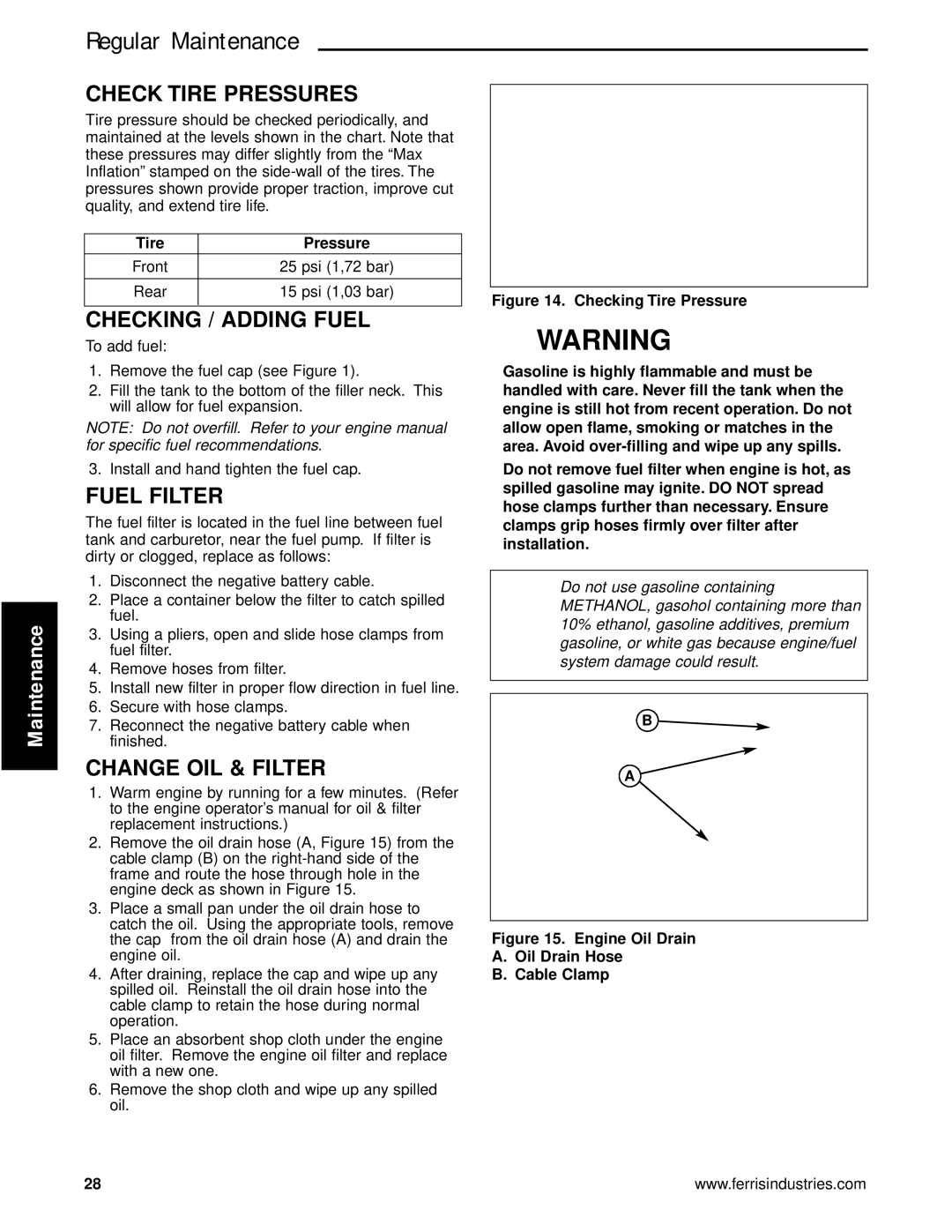 Briggs & Stratton 5901170, 5900625, 5900629 Check Tire Pressures, Checking / Adding Fuel, Fuel Filter, Change OIL & Filter 