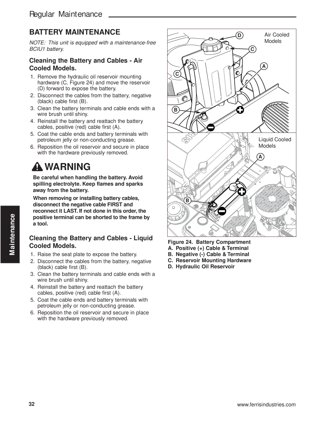 Briggs & Stratton 5900670, 5901170, 5900625, 5900629 Battery Maintenance, Cleaning the Battery and Cables Air Cooled Models 