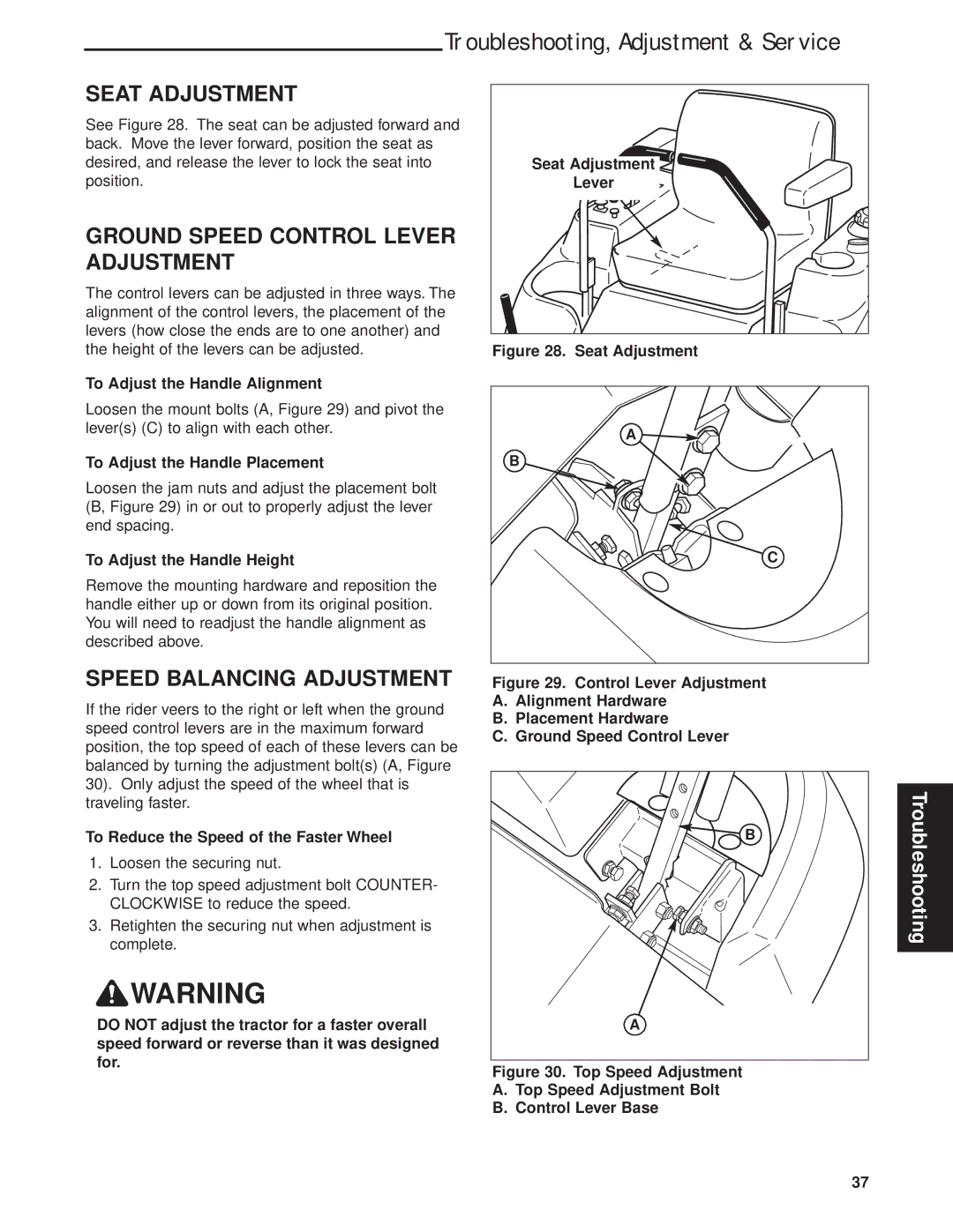 Briggs & Stratton 5900670, 5901170 manual Seat Adjustment, Ground Speed Control Lever Adjustment, Speed Balancing Adjustment 