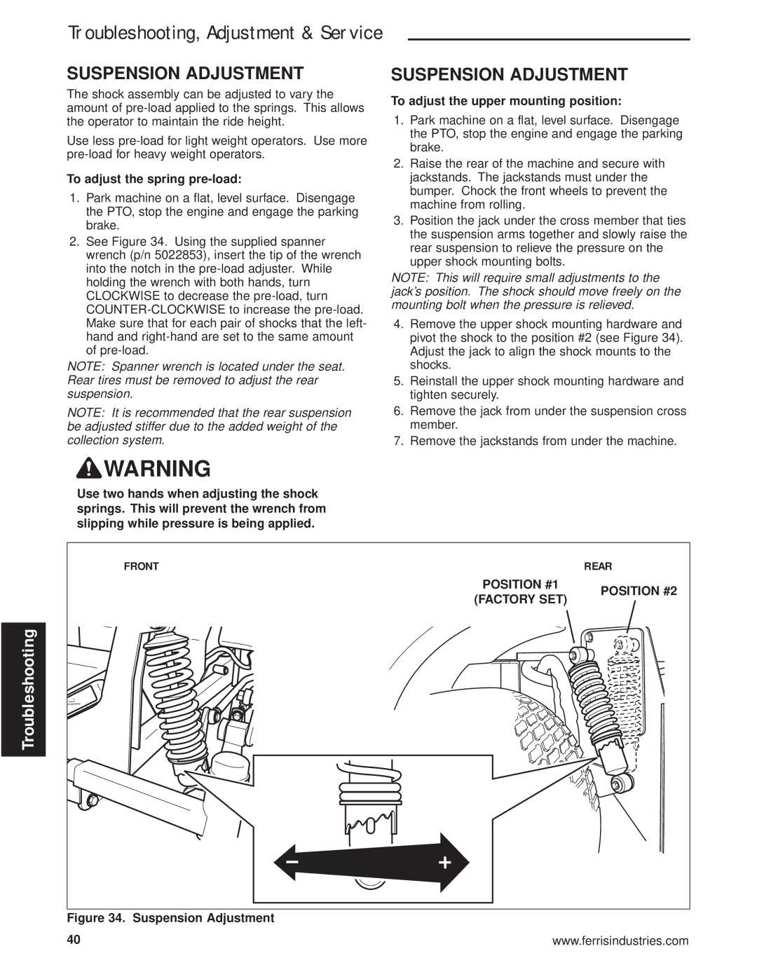 Briggs & Stratton 5900629 Suspension Adjustment, To adjust the spring pre-load, To adjust the upper mounting position 