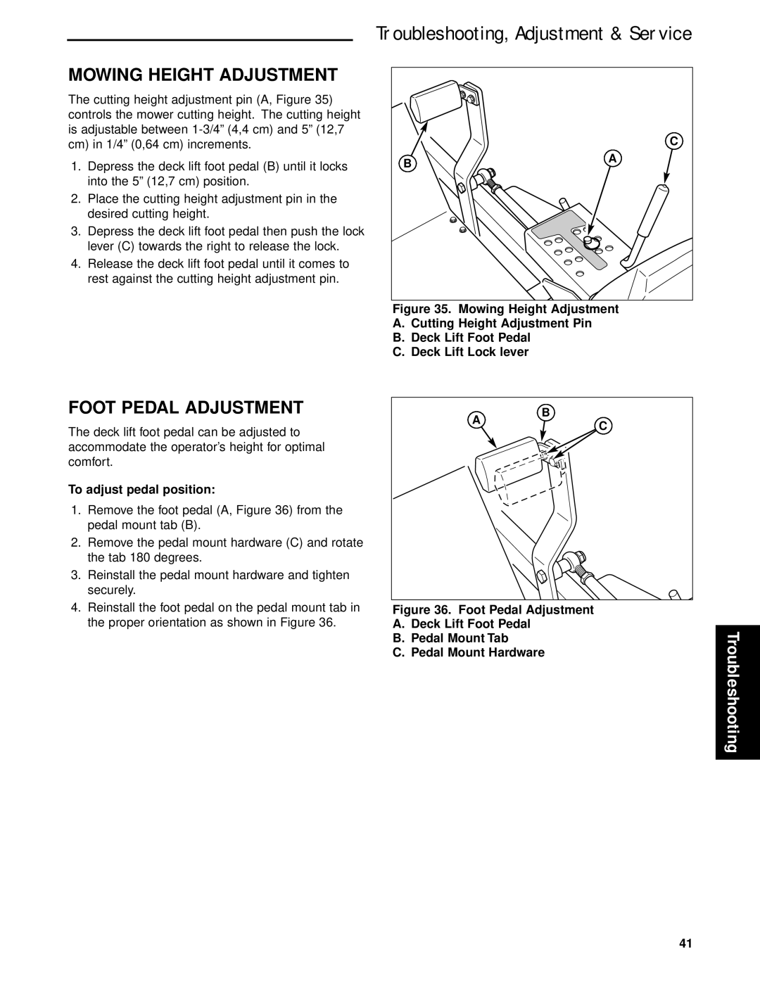 Briggs & Stratton 5900624, 5901170, 5900625 manual Mowing Height Adjustment, Foot Pedal Adjustment, To adjust pedal position 