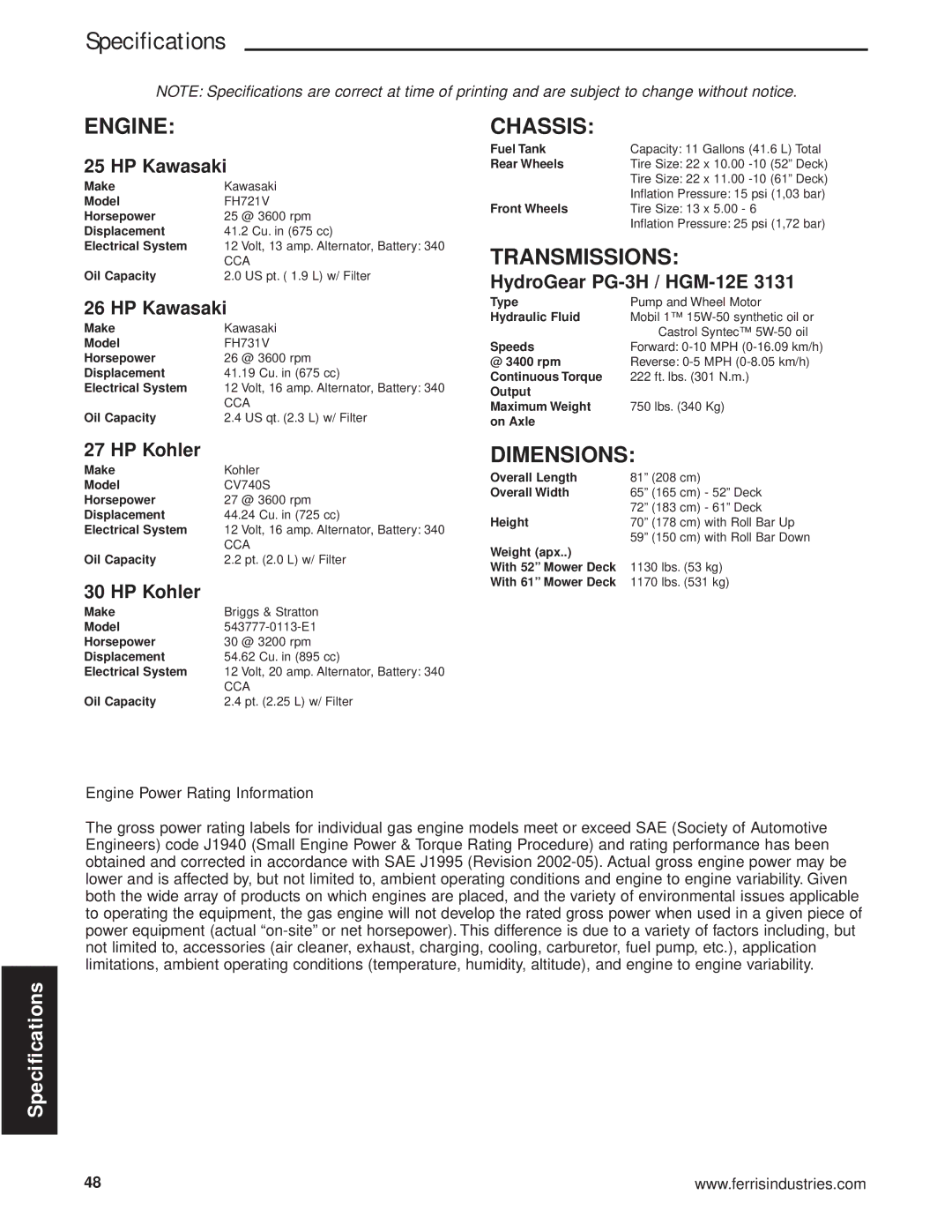 Briggs & Stratton 5901170, 5900625, 5900629, 5900624, 5900670 manual Engine, Chassis, Transmissions, Dimensions 