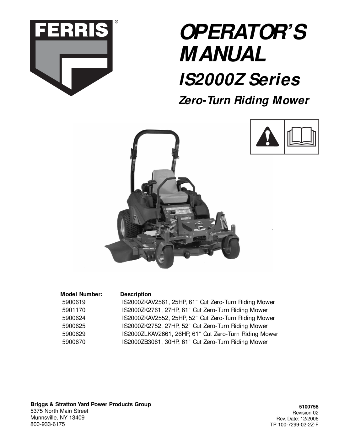 Briggs & Stratton 5900625, 5901170, 5900629 manual IS2000Z Series, Zero-Turn Riding Mower, Manual, Operator’S, Description 