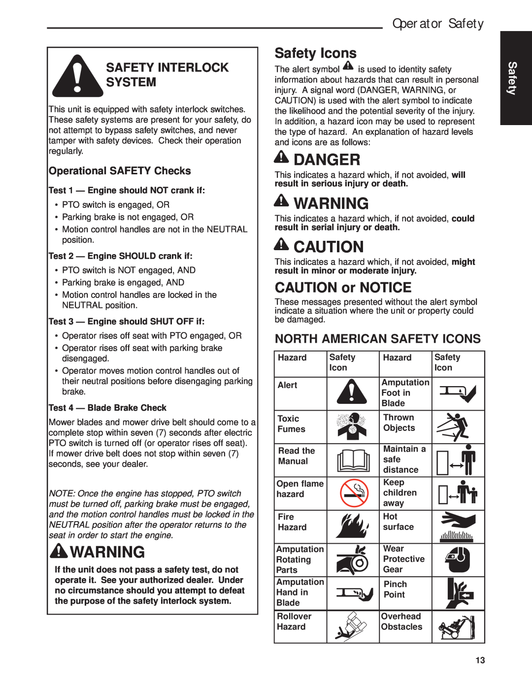 Briggs & Stratton 5901170, 5900625 Danger, CAUTION or NOTICE, Safety Interlock System, North American Safety Icons 