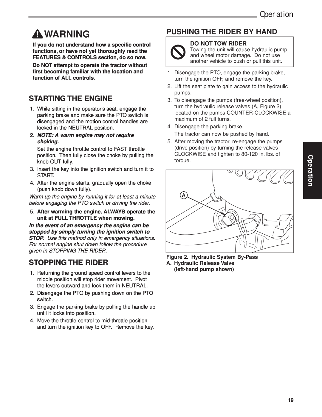 Briggs & Stratton 5900625 Starting The Engine, Stopping The Rider, Pushing The Rider By Hand, Operation, Do Not Tow Rider 