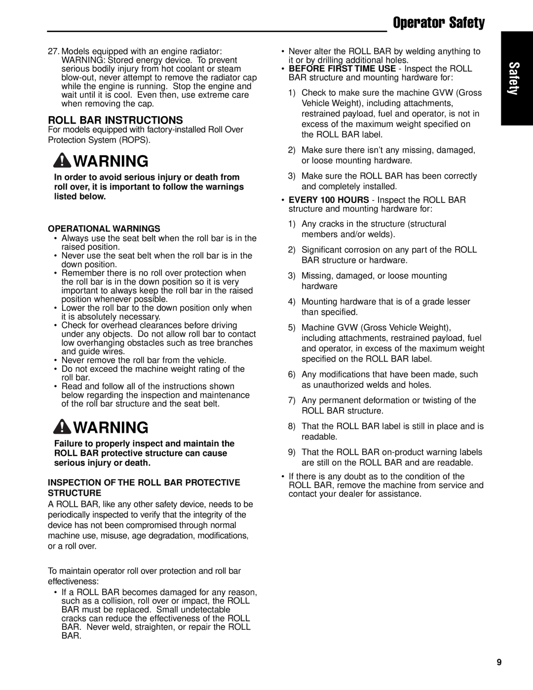 Briggs & Stratton 5900612, 5901186, 5901183, 5901184, 5900717, 5900718, 5900753 Roll BAR Instructions, Operational Warnings 