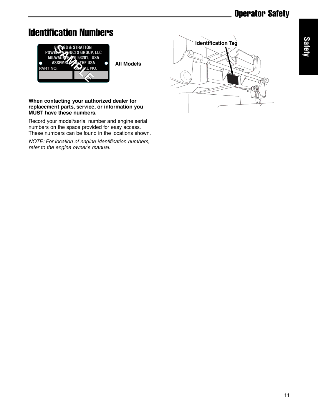 Briggs & Stratton 5901183, 5901186, 5901184, 5900717, 5900718, 5900753, 5900736 manual Identification Numbers, Identification Tag 