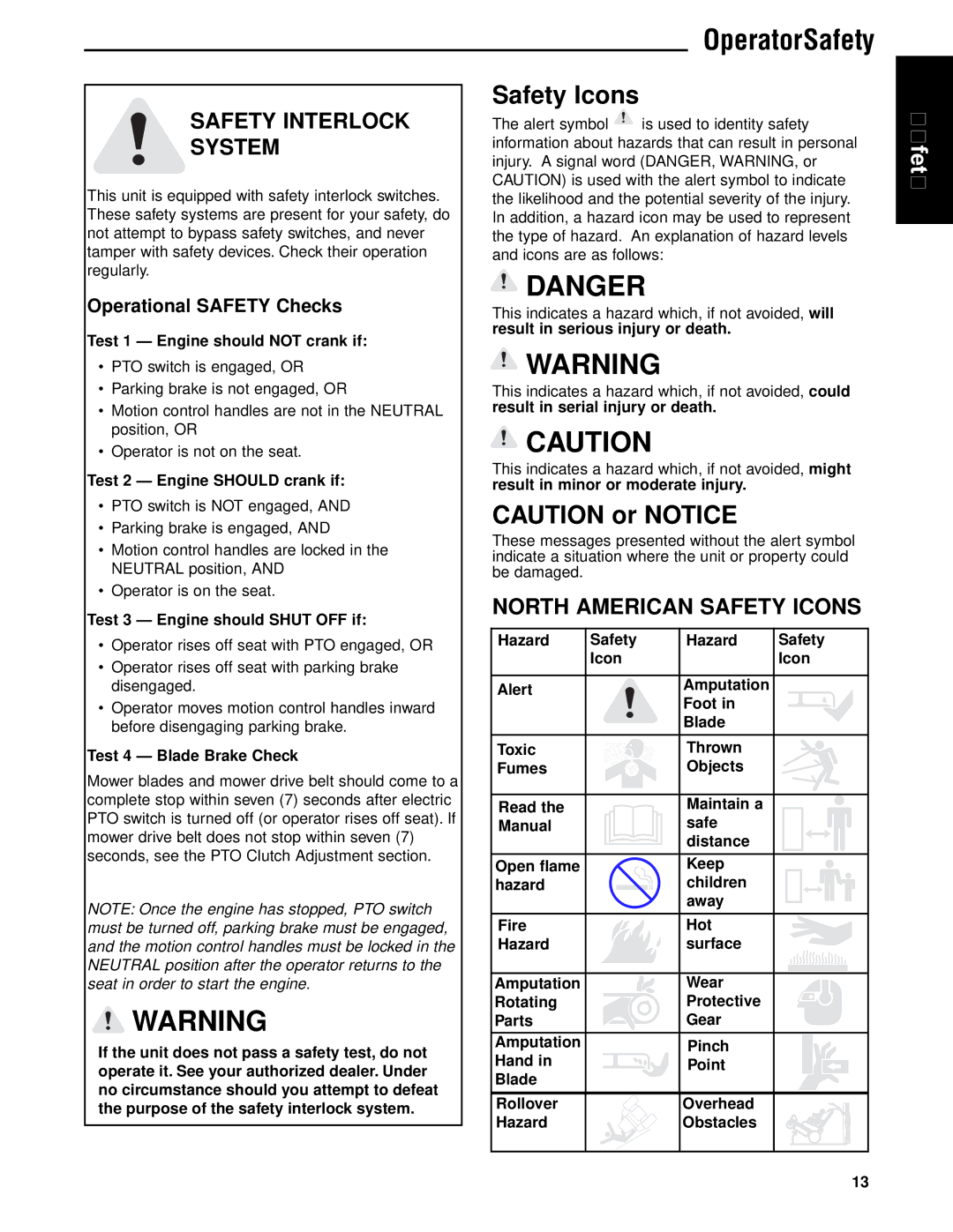 Briggs & Stratton 5900717, 5901186, 5901183 Safety Interlock System, North American Safety Icons, Operational Safety Checks 