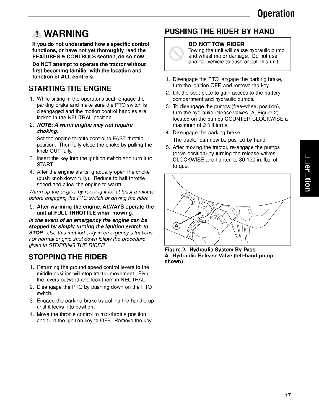 Briggs & Stratton 5900752, 5901186, 5901183, 5901184 manual Starting the Engine, Stopping the Rider, Pushing the Rider by Hand 