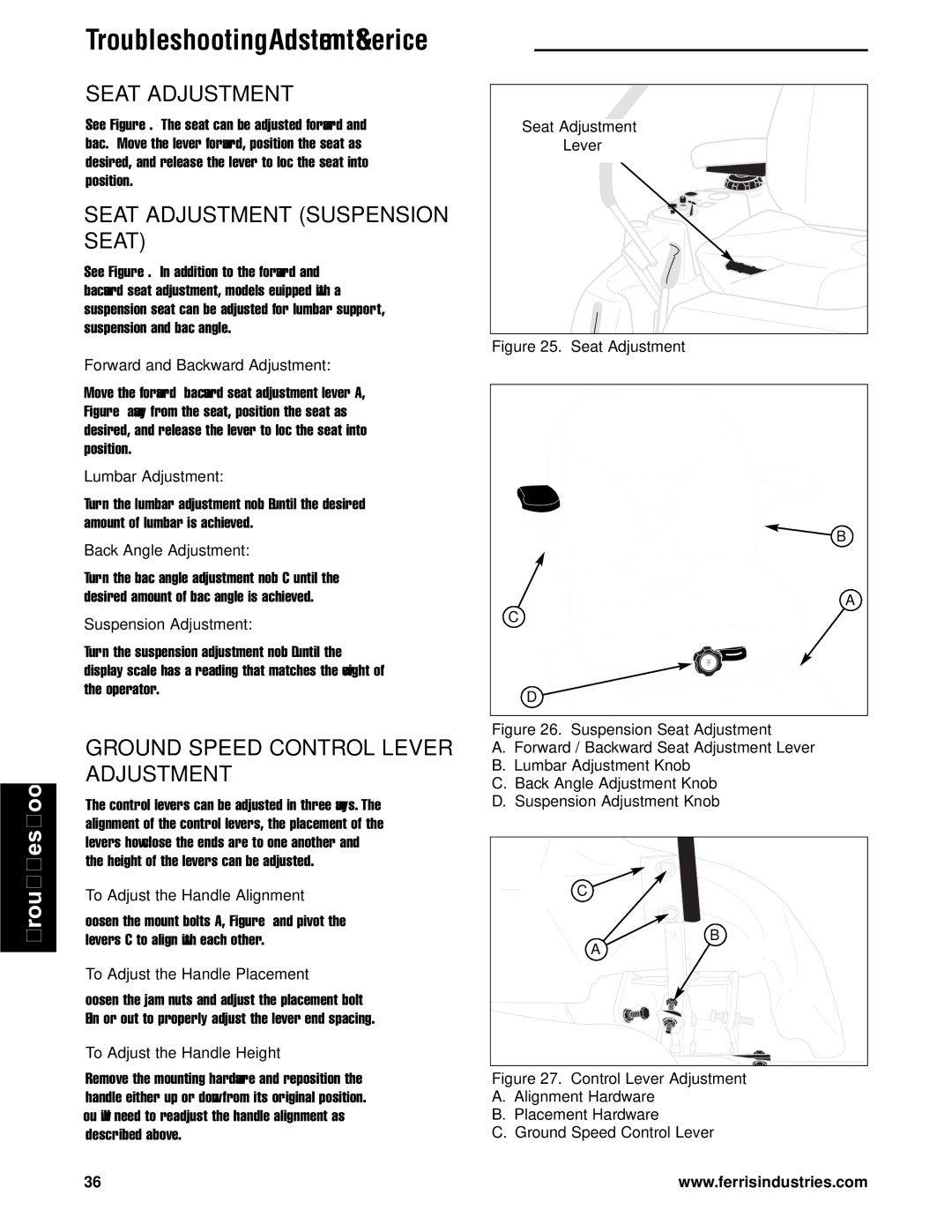 Briggs & Stratton 5901184, 5901186, 5901183 manual Seat Adjustment Suspension Seat, Ground Speed Control Lever Adjustment 