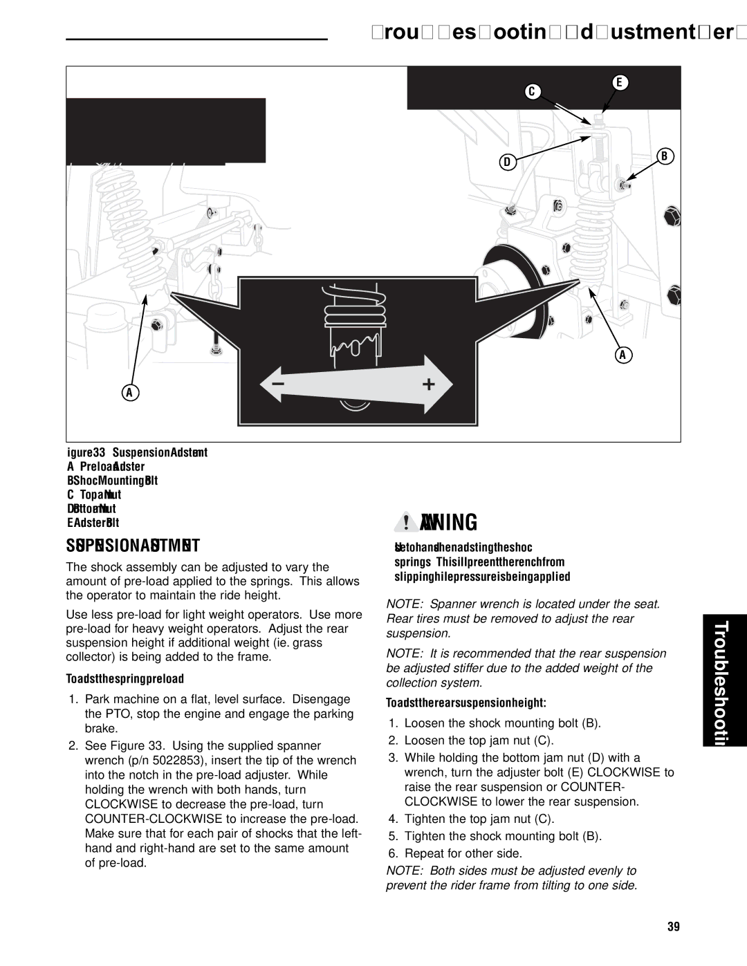 Briggs & Stratton 5900753, 5901186, 5901183, 5901184, 5900717, 5900718 Suspension Adjustment, To adjust the spring pre-load 