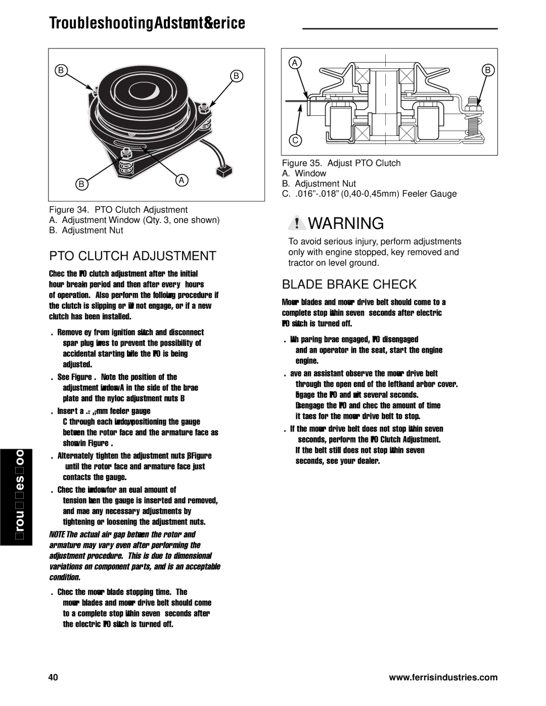 Briggs & Stratton 5900736, 5901186, 5901183, 5901184, 5900717, 5900718, 5900753 manual PTO Clutch Adjustment, Blade Brake Check 