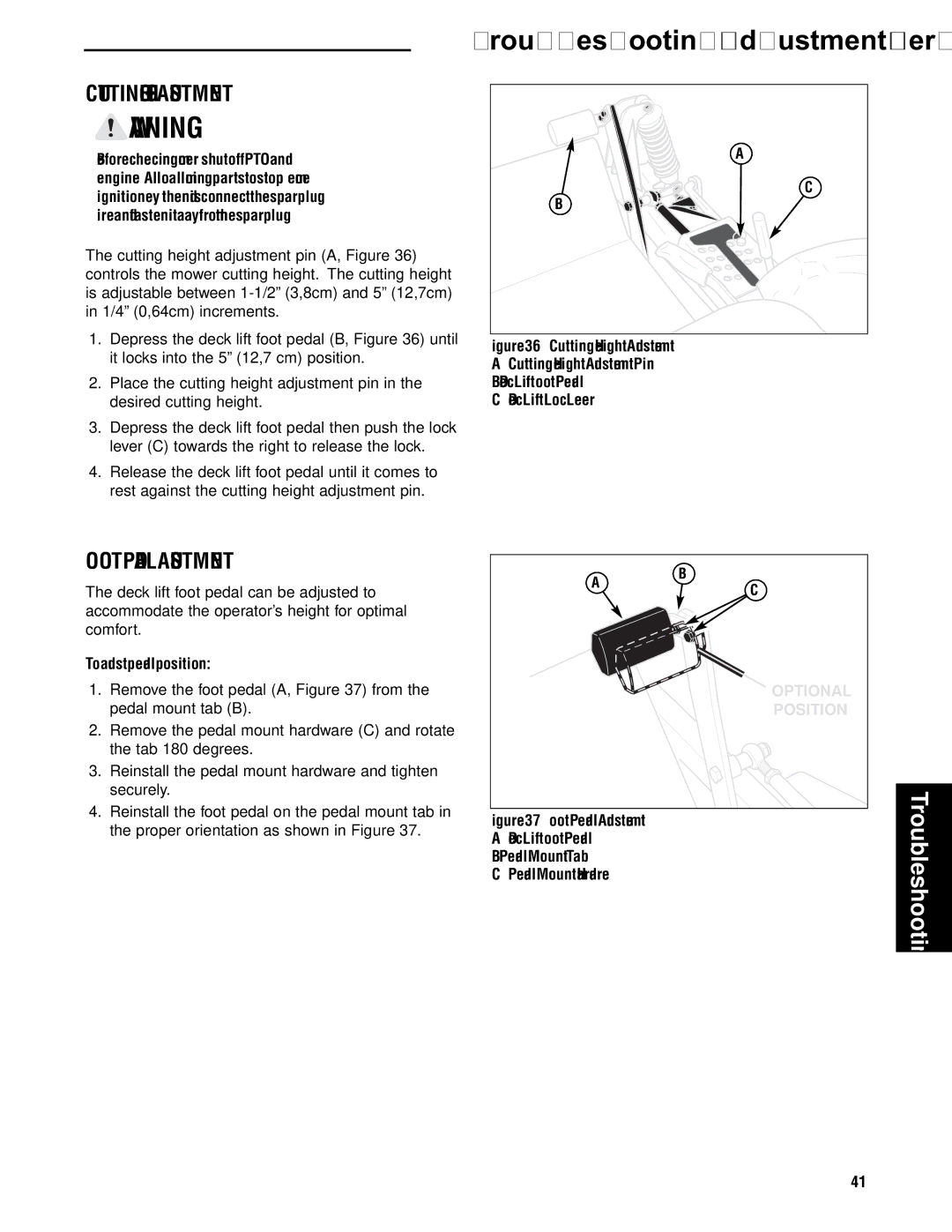 Briggs & Stratton 5900752, 5901186, 5901183 manual Cutting Height Adjustment, Foot Pedal Adjustment, To adjust pedal position 