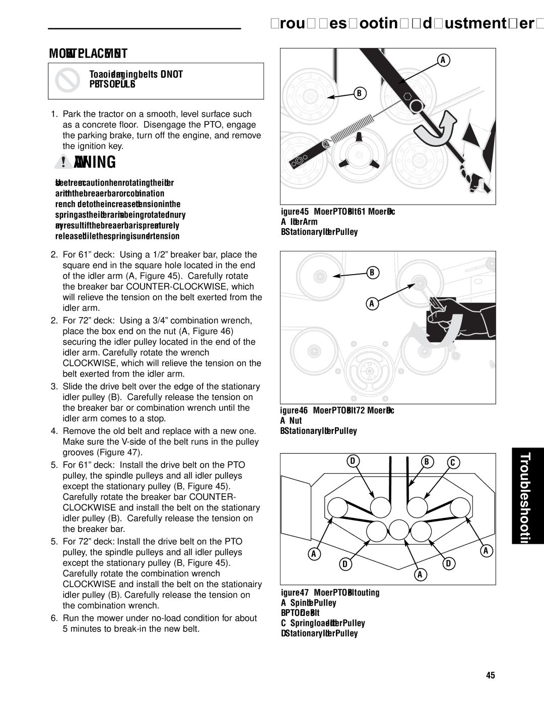 Briggs & Stratton 5900612, 5901186 manual Mower Belt Replacement, Mower PTO Belt 72 Mower Deck Nut Stationary Idler Pulley 
