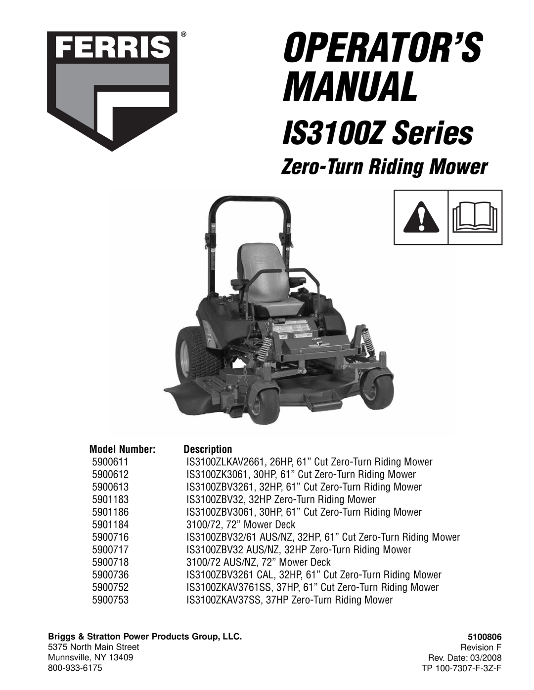 Briggs & Stratton 5901183, 5901186, 5901184 manual IS3100Z Series, Zero-Turn Riding Mower, Manual, Operator’S, Description 