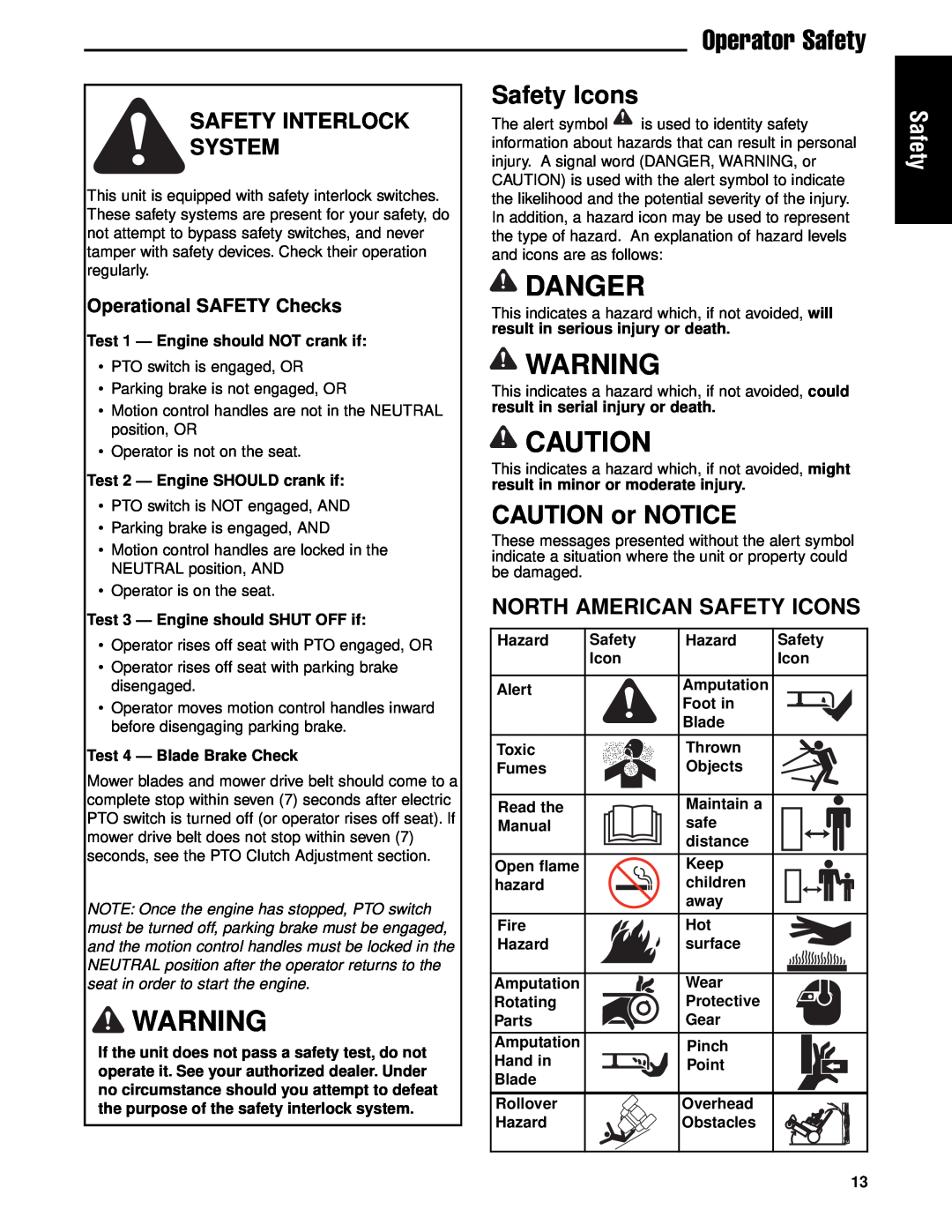 Briggs & Stratton 5900717, 5901186 Danger, CAUTION or NOTICE, Safety Interlock System, North American Safety Icons 