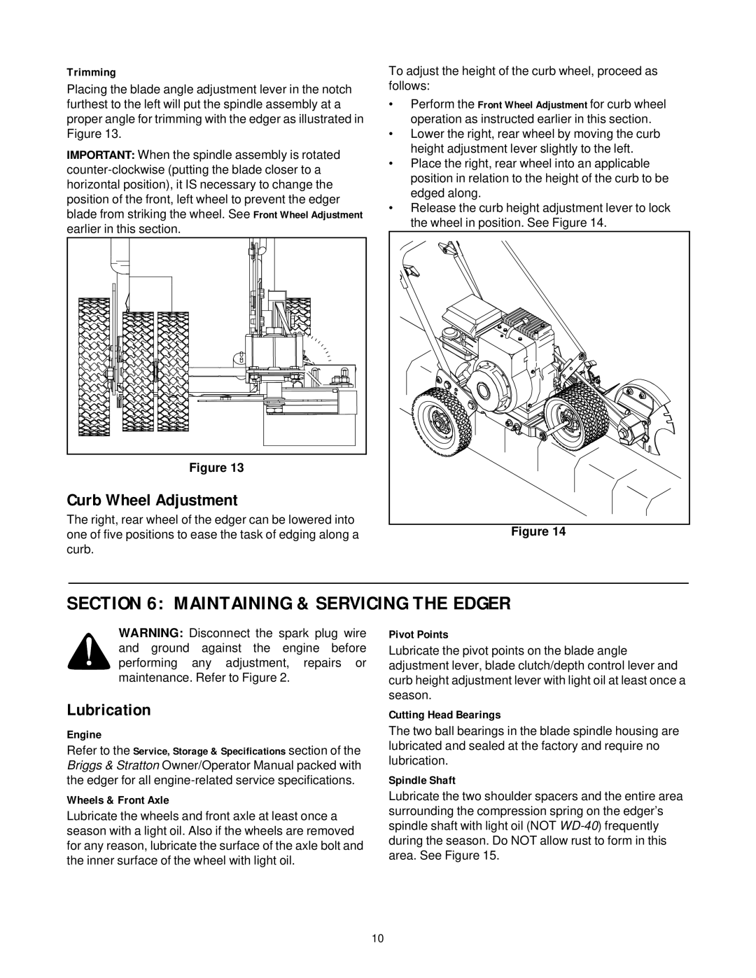 Briggs & Stratton 592 manual Maintaining & Servicing the Edger, Curb Wheel Adjustment, Lubrication 