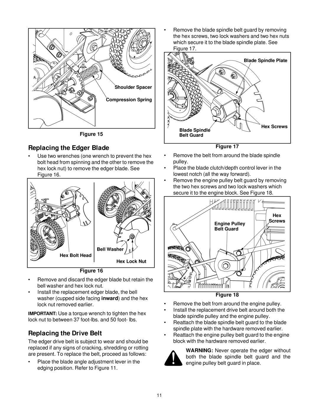 Briggs & Stratton 592 manual Replacing the Edger Blade, Replacing the Drive Belt 