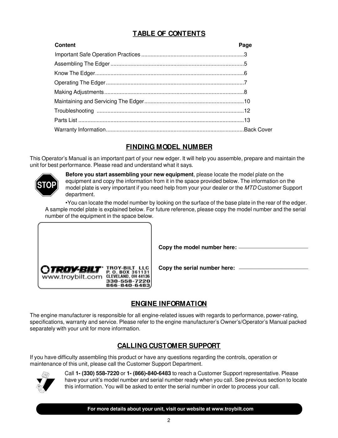 Briggs & Stratton 592 manual Table of Contents, Finding Model Number, Engine Information, Calling Customer Support 