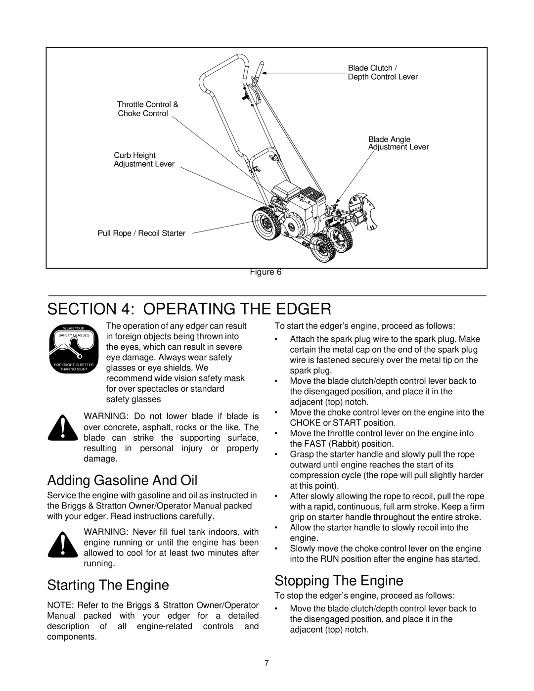 Briggs & Stratton 592 manual Operating the Edger, Adding Gasoline And Oil, Starting The Engine Stopping The Engine 