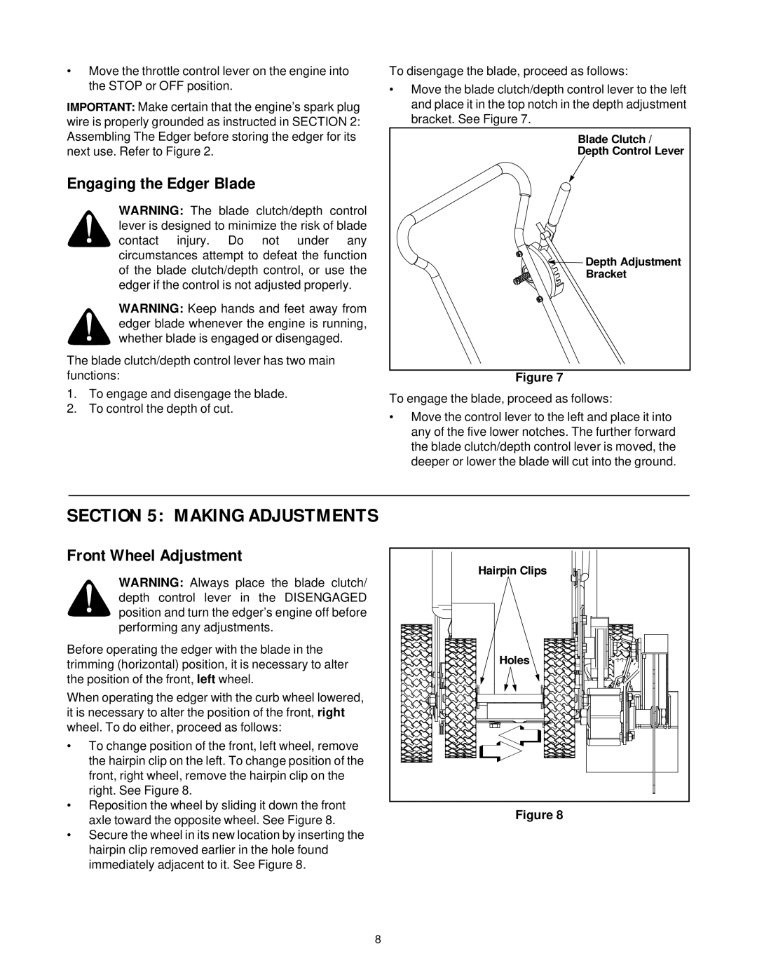 Briggs & Stratton 592 manual Making Adjustments, Engaging the Edger Blade, Front Wheel Adjustment 