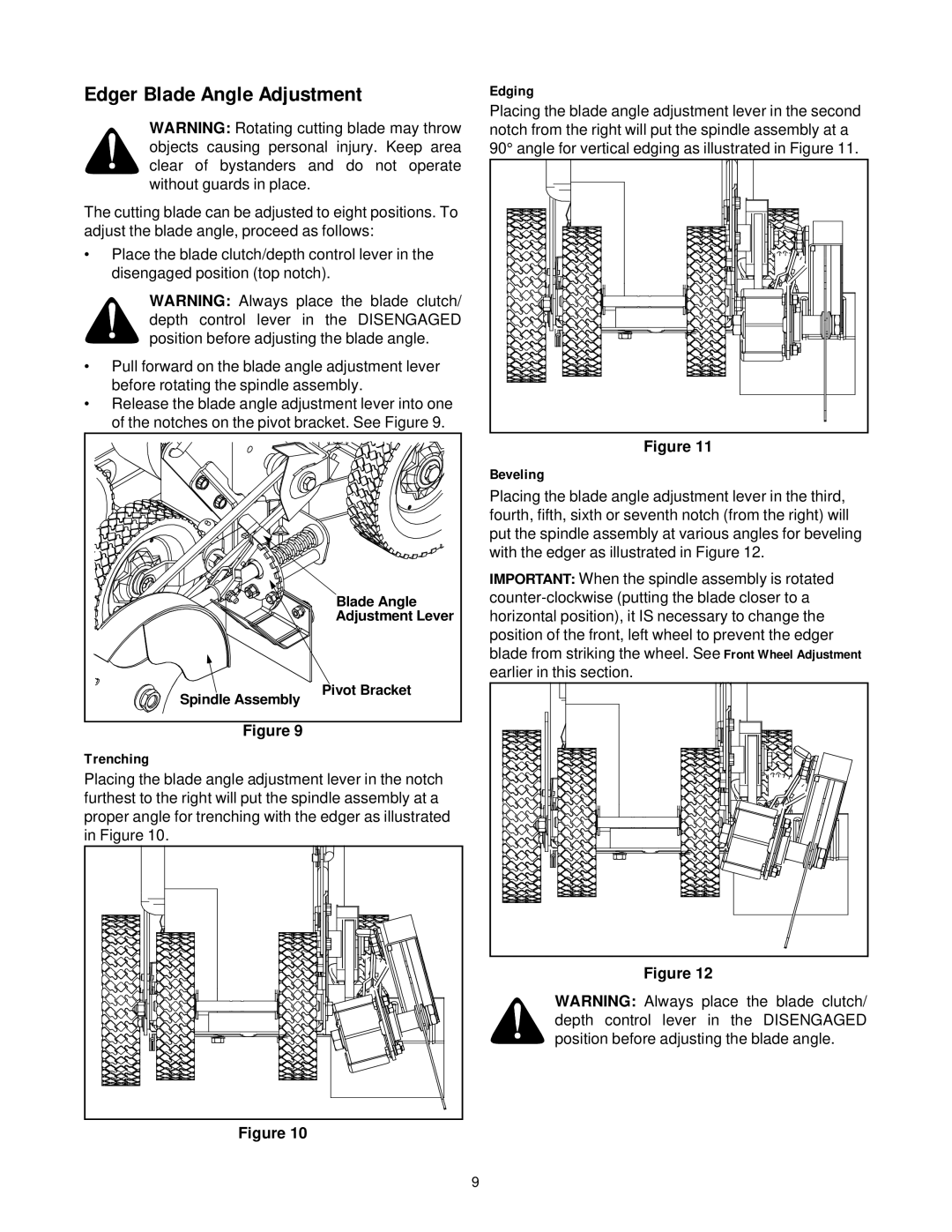 Briggs & Stratton 592 manual Edger Blade Angle Adjustment, Trenching, Edging, Beveling 