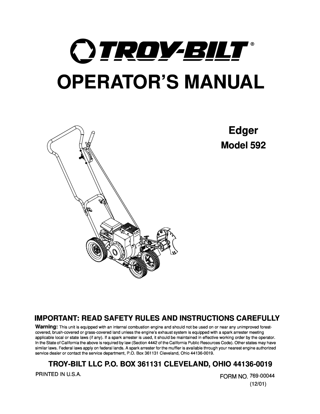 Briggs & Stratton 592 manual Model, Operator’S Manual, Edger, TROY-BILTLLC P.O. BOX 361131 CLEVELAND, OHIO 