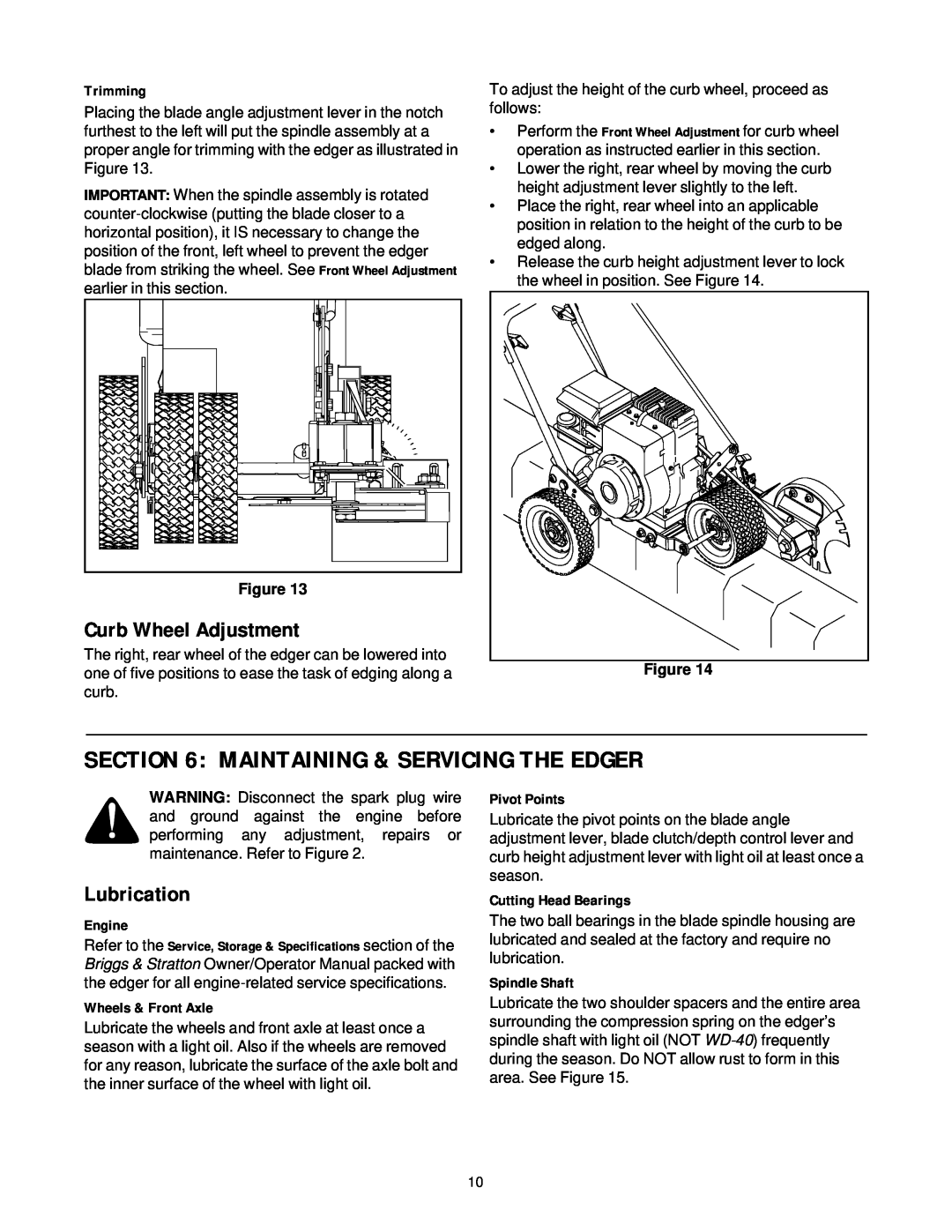 Briggs & Stratton 592 manual Maintaining & Servicing The Edger, Curb Wheel Adjustment, Lubrication, Trimming, Engine 