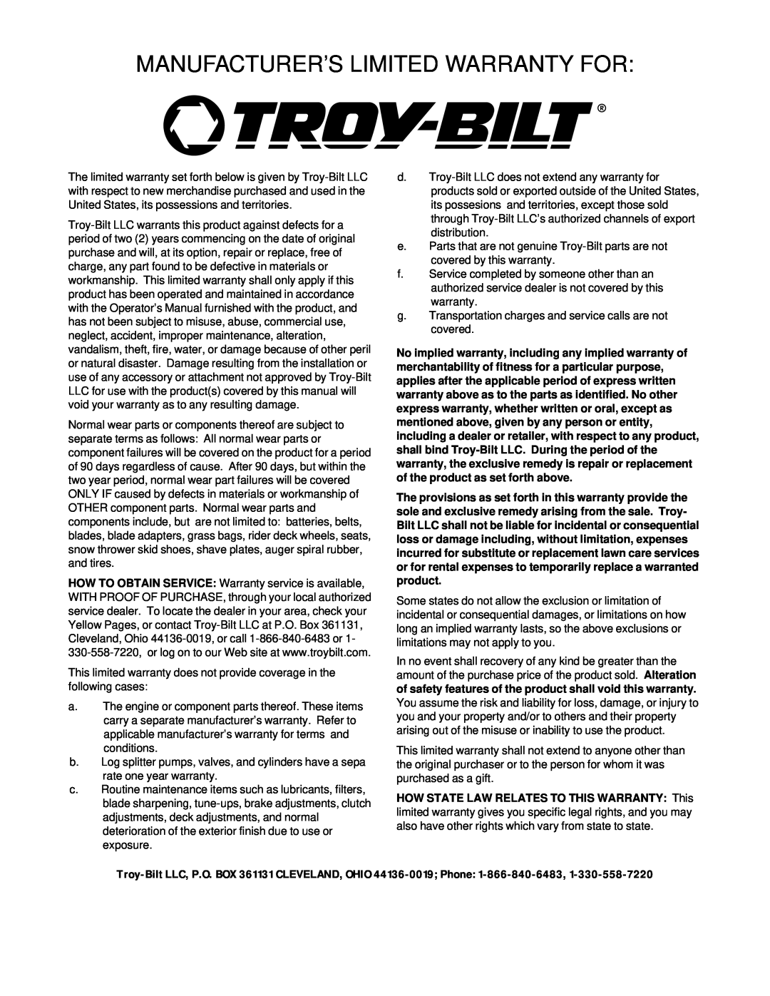 Briggs & Stratton 592 manual Manufacturer’S Limited Warranty For, HOW STATE LAW RELATES TO THIS WARRANTY This 