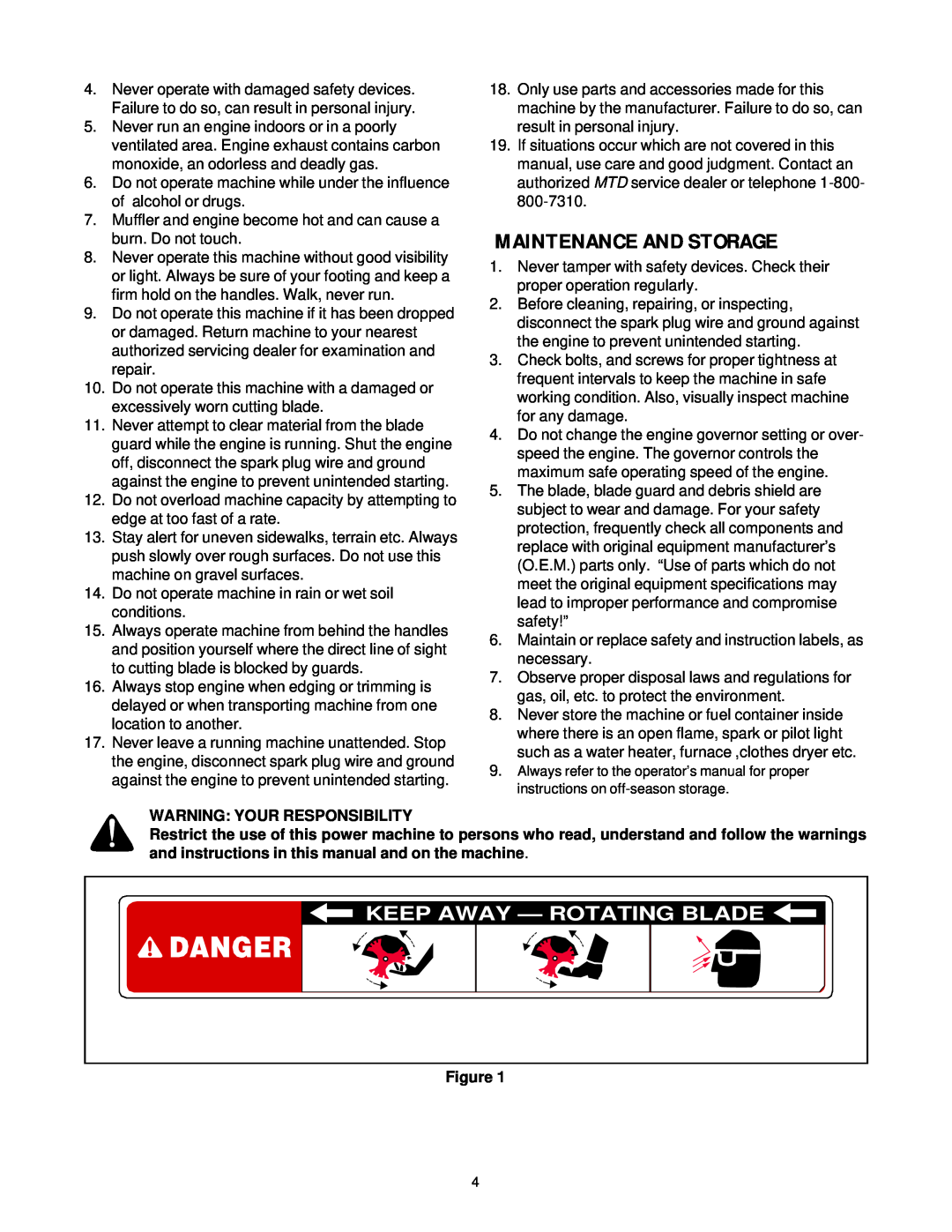 Briggs & Stratton 592 manual Maintenance And Storage, Warning Your Responsibility, Keep Away - Rotating Blade 