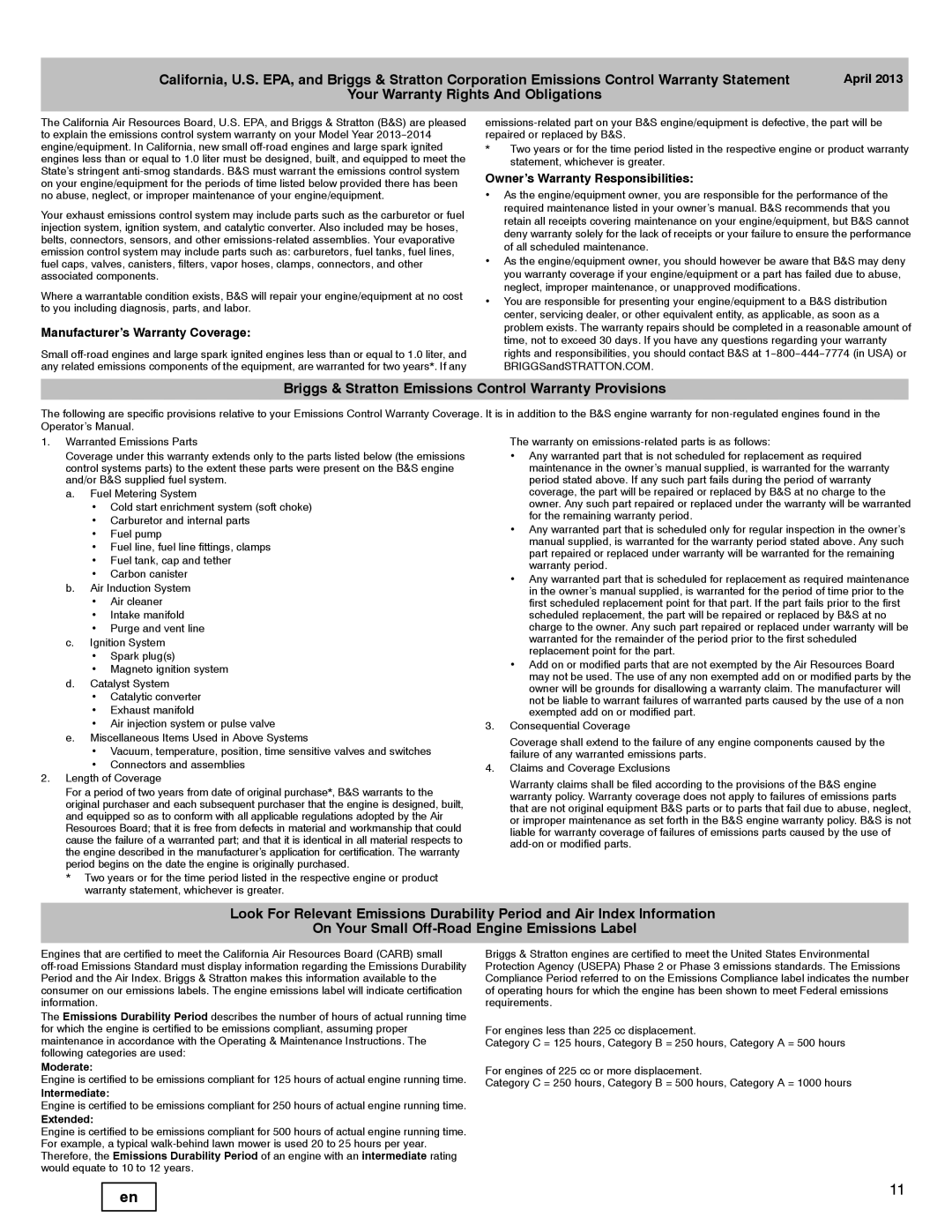 Briggs & Stratton 540000 Your Warranty Rights And Obligations, Briggs & Stratton Emissions Control Warranty Provisions 