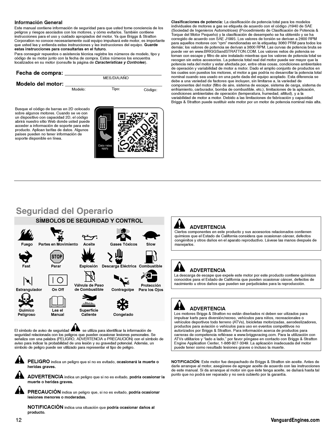 Briggs & Stratton 610000 manual Seguridad del Operario, Fecha de compra, Modelo del motor, Símbolos DE Seguridad Y Control 
