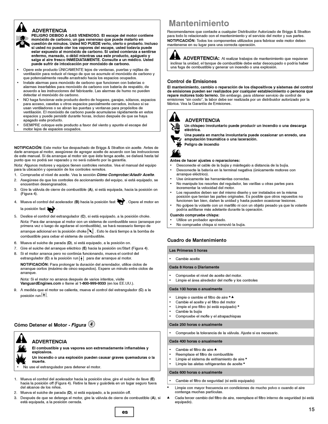 Briggs & Stratton 540000, 610000 manual Cómo Detener el Motor Figura, Control de Emisiones, Cuadro de Mantenimiento 