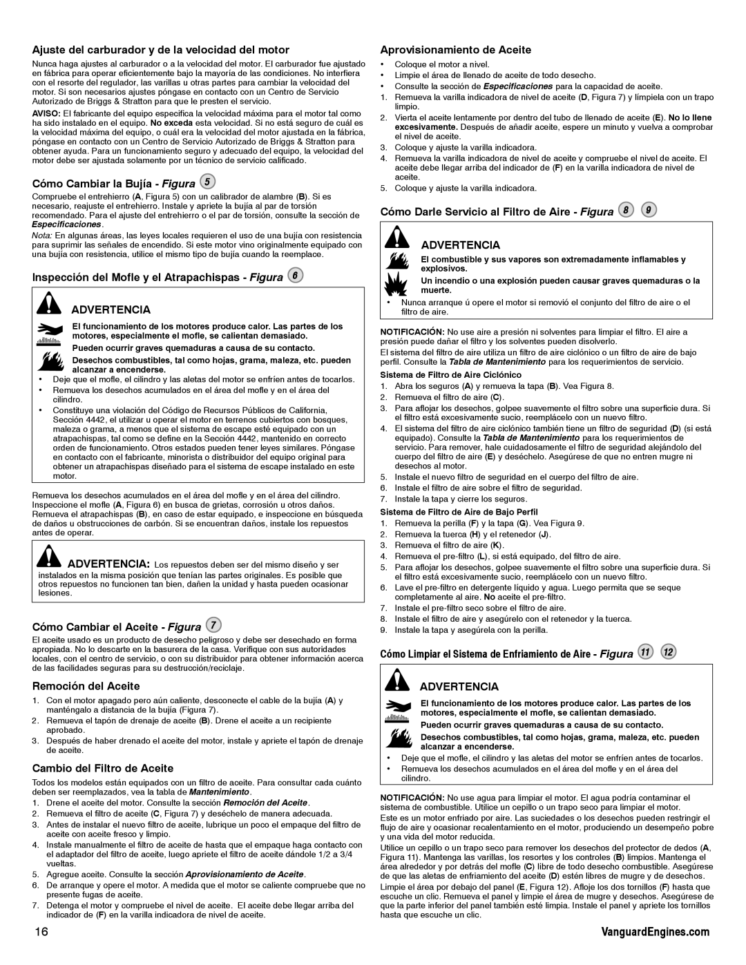 Briggs & Stratton 610000, 540000 manual Ajuste del carburador y de la velocidad del motor, Cómo Cambiar la Bujía Figura 