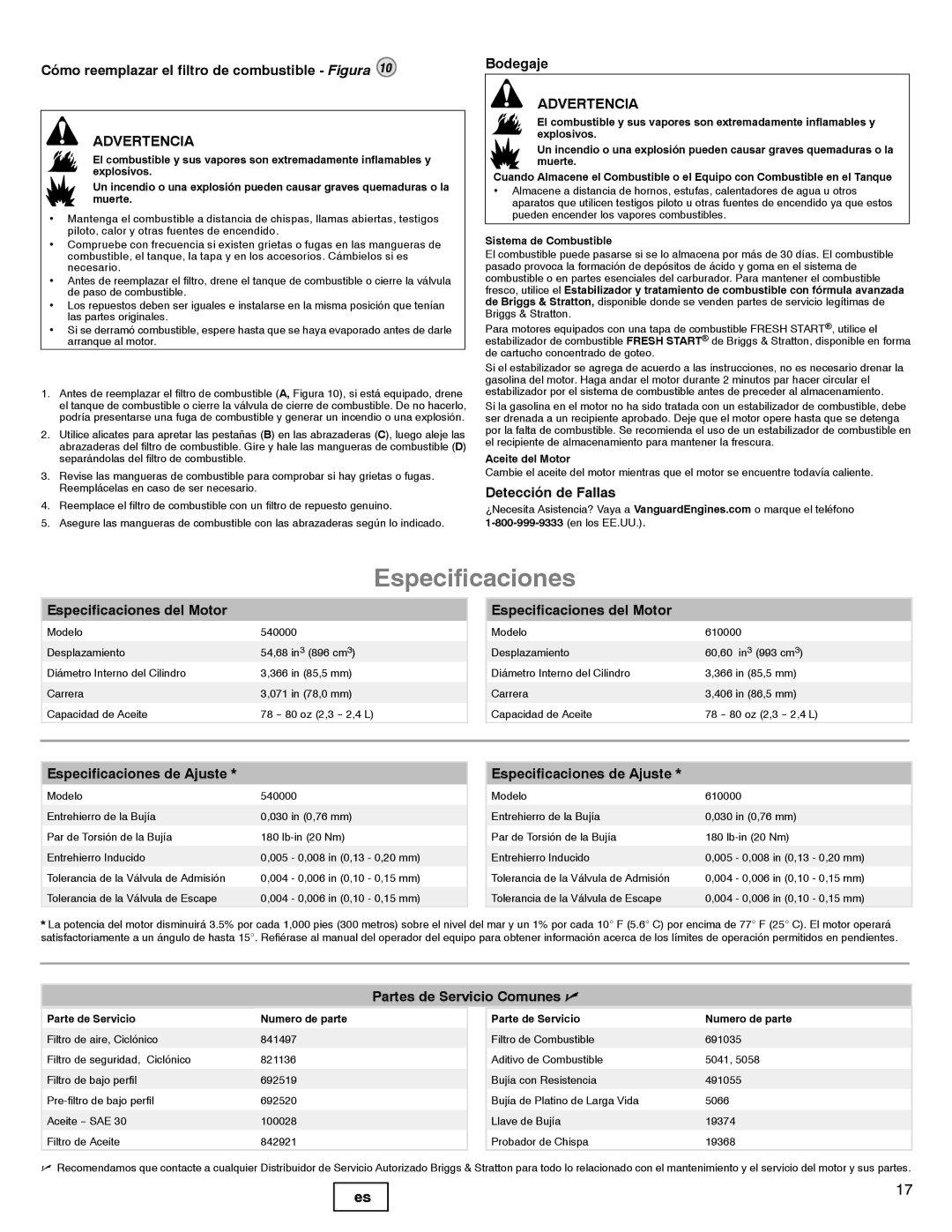 Briggs & Stratton 540000, 610000 manual Especificaciones 