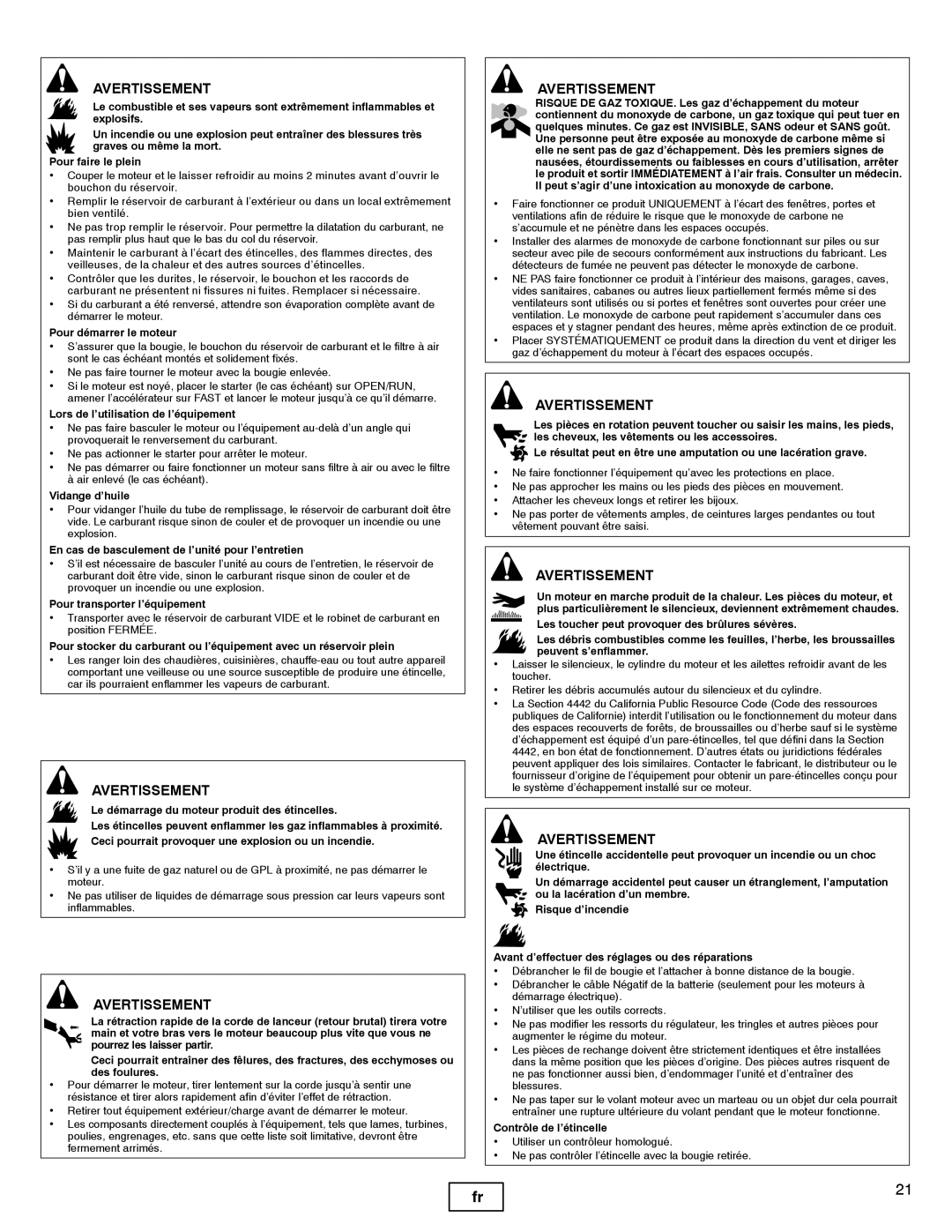 Briggs & Stratton 540000, 610000 manual Pour démarrer le moteur, Lors de l’utilisation de l’équipement, Vidange d’huile 