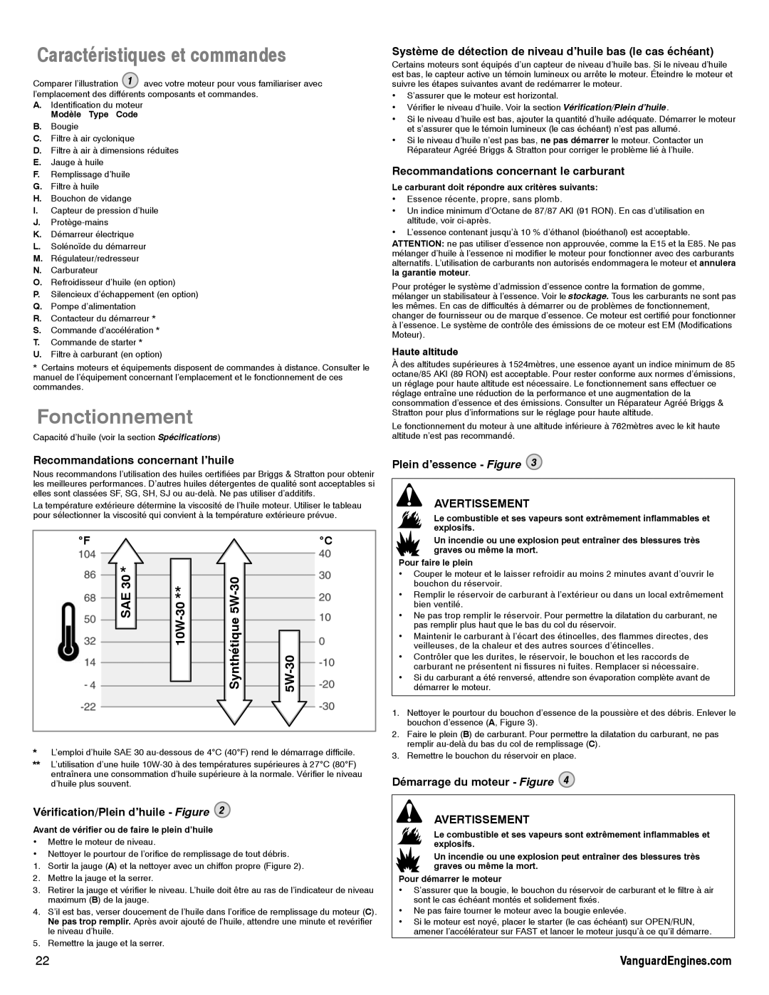 Briggs & Stratton 610000, 540000 manual Caractéristiques et commandes, Fonctionnement, SAE 10W-30 Synthétique 5W-30 