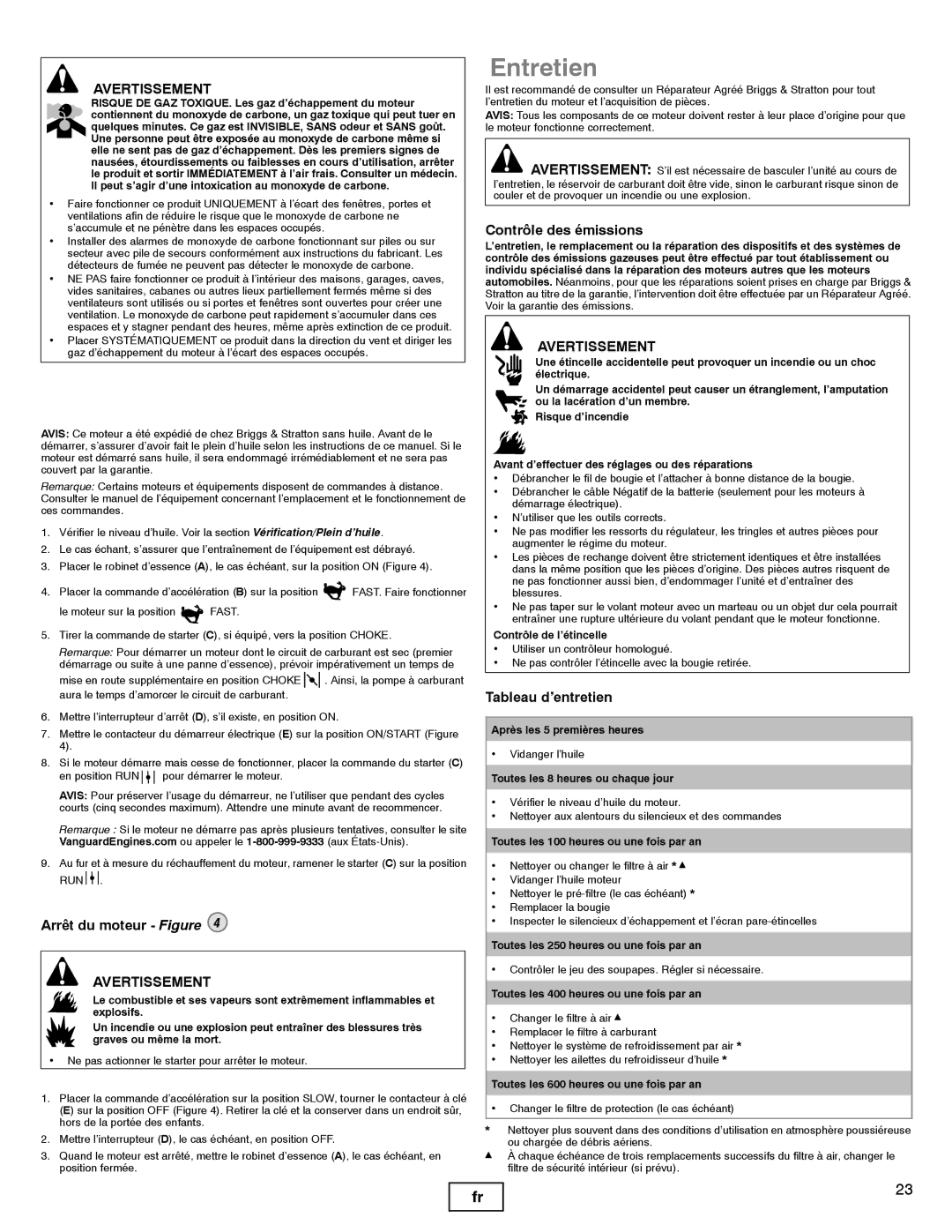 Briggs & Stratton 540000, 610000 manual Entretien, Arrêt du moteur Figure, Contrôle des émissions, Tableau d’entretien 