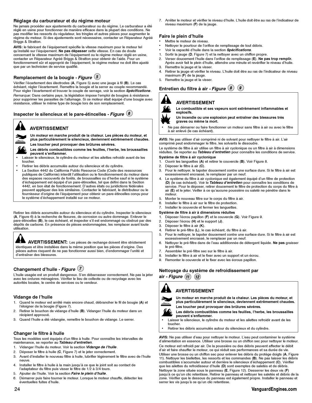 Briggs & Stratton 610000 Réglage du carburateur et du régime moteur, Remplacement de la bougie Figure, Vidange de l’huile 