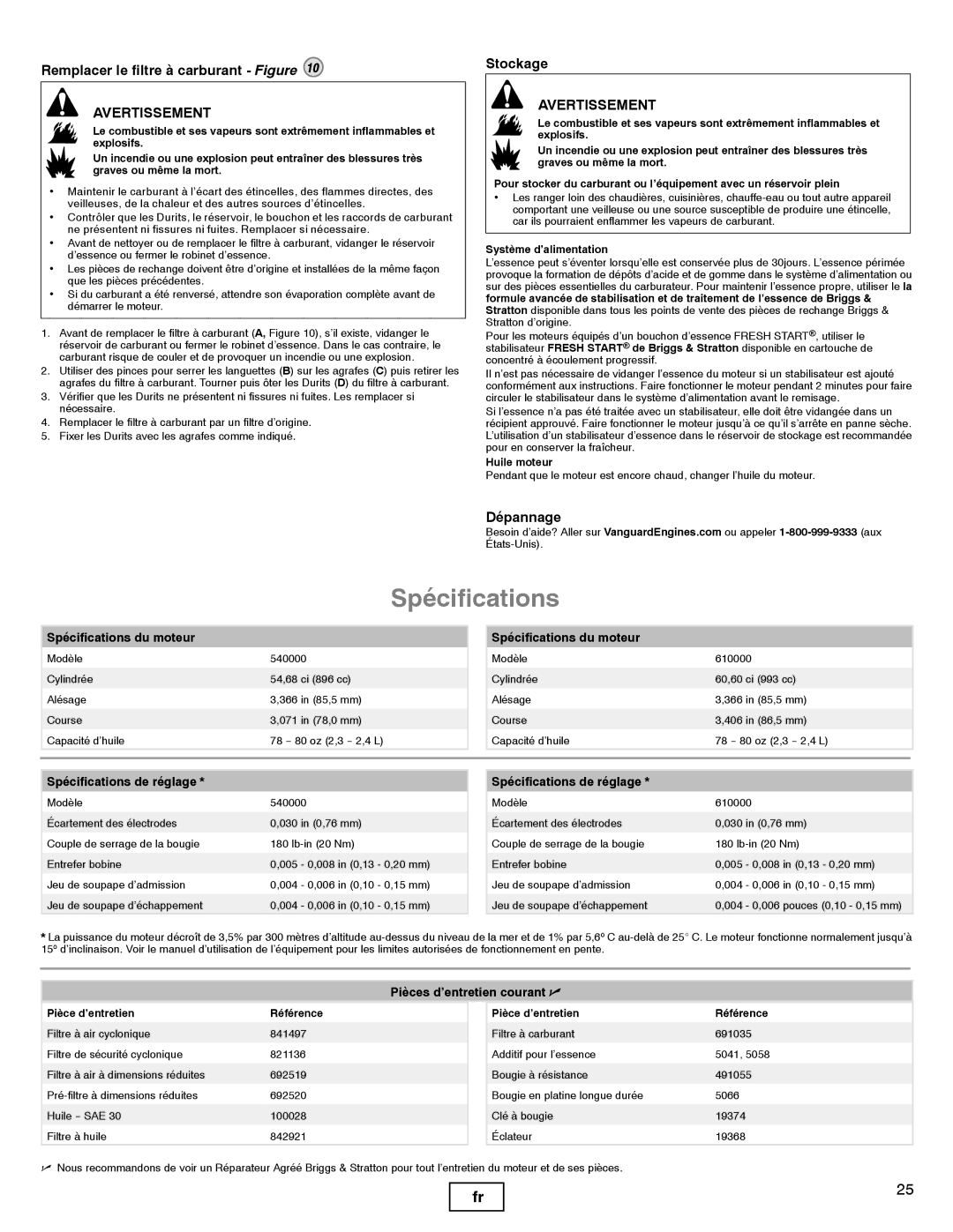 Briggs & Stratton 540000, 610000 manual Spécifications, Remplacer le filtre à carburant Figure, Stockage, Dépannage 