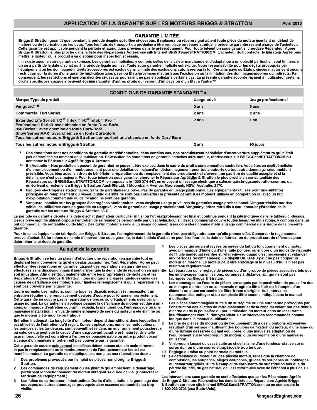 Briggs & Stratton 610000, 540000 Garantie Limitée, Conditions DE Garantie Standard * Y, Au sujet de la garantie, Avril 