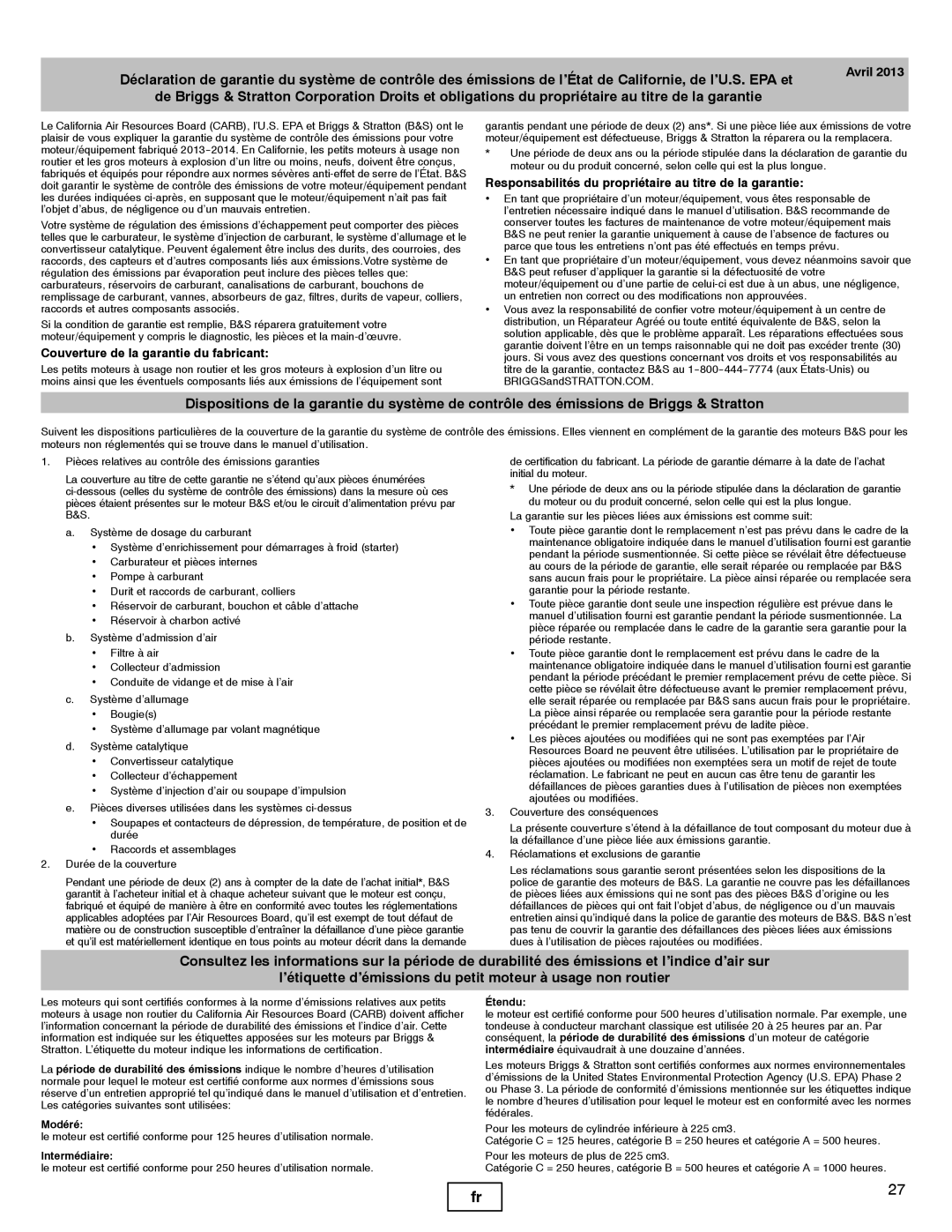 Briggs & Stratton 540000 Couverture de la garantie du fabricant, Responsabilités du propriétaire au titre de la garantie 