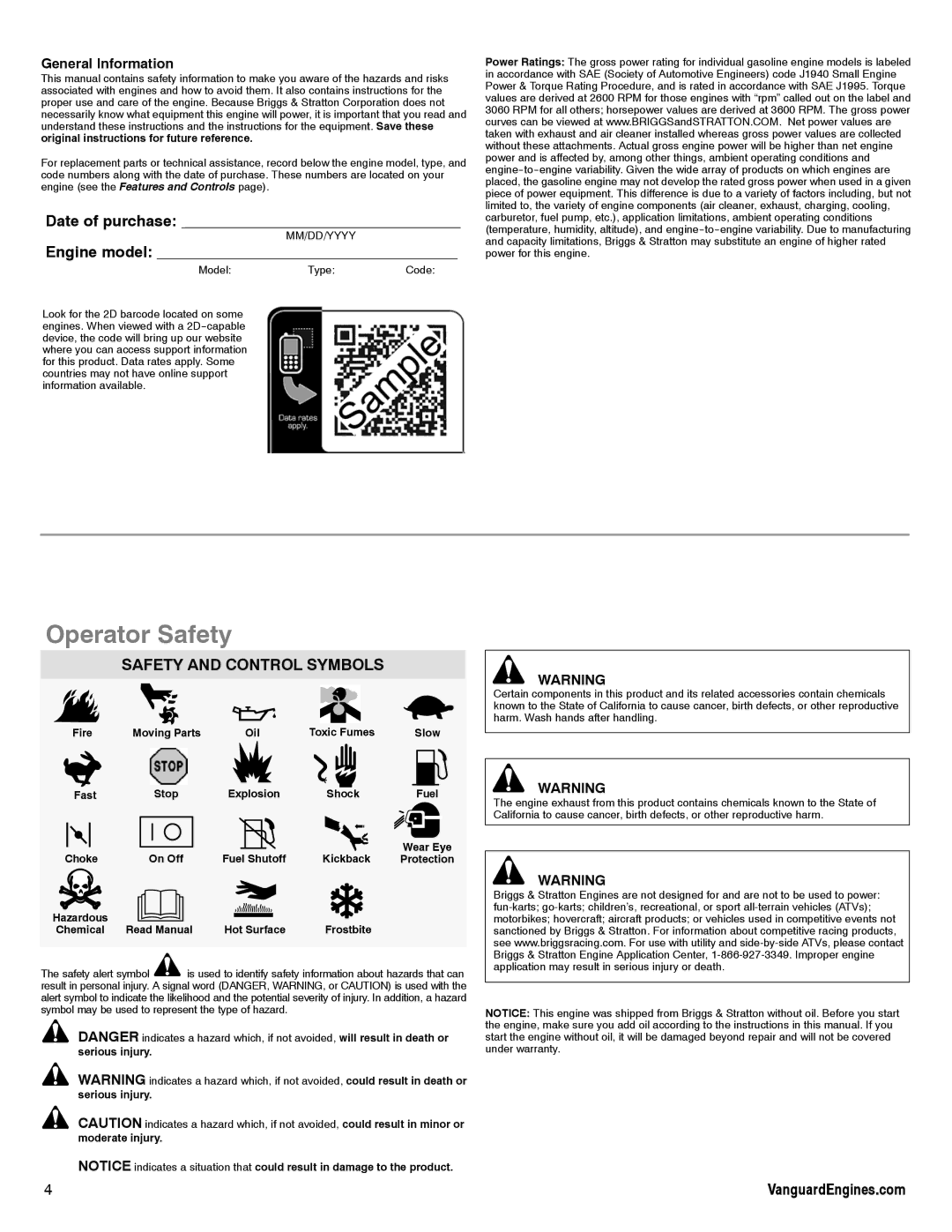 Briggs & Stratton 610000 Operator Safety, Date of purchase, Engine model, Safety and Control Symbols, General Information 