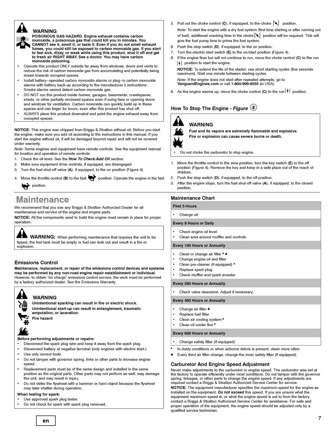 Briggs & Stratton 540000, 610000 manual How To Stop The Engine Figure, Emissions Control, Maintenance Chart 