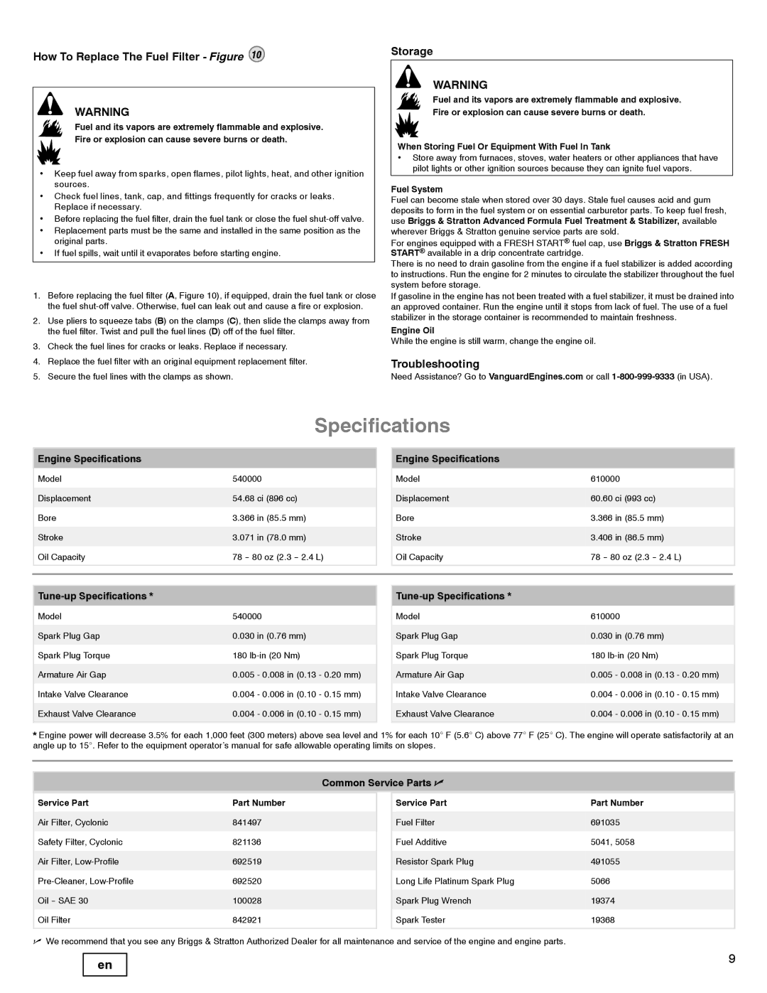 Briggs & Stratton 540000, 610000 manual Specifications, How To Replace The Fuel Filter Figure, Storage, Troubleshooting 